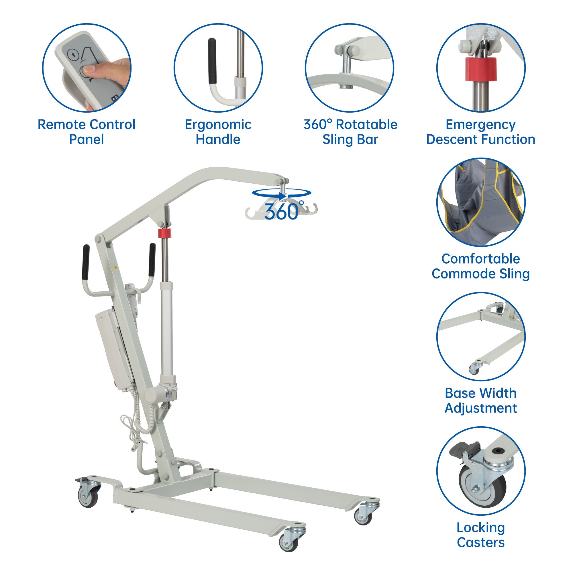 Electric Patient Lift, High-Capacity Rechargeable Battery, Low Base, 400 lb Weight Capacity with Adjustable Base and Sling, with Manual Lowering Device, Easy-Assembly, Battery-Powered