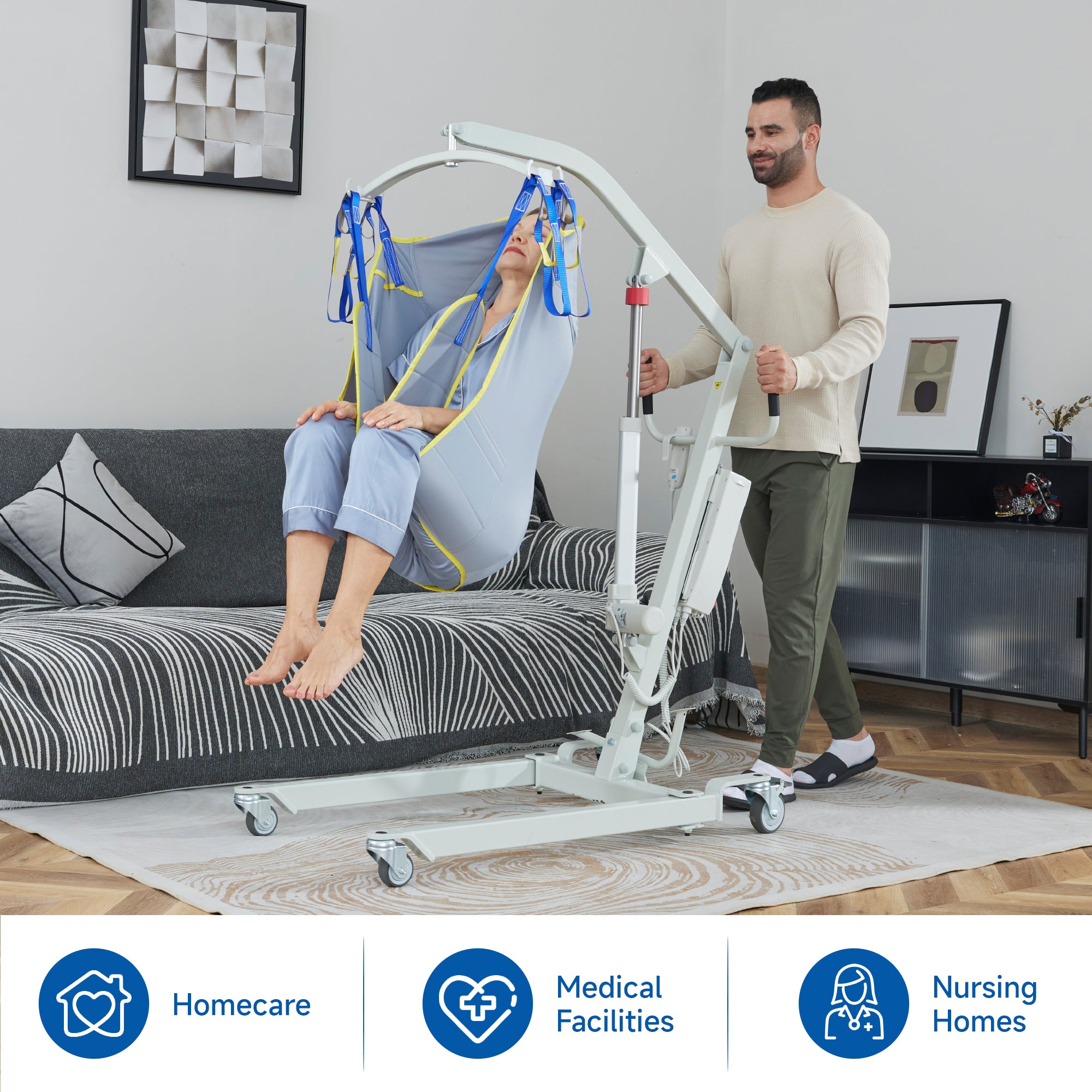 Electric Patient Lift, High-Capacity Rechargeable Battery, Low Base, 400 lb Weight Capacity with Adjustable Base and Sling, with Manual Lowering Device, Easy-Assembly, Battery-Powered