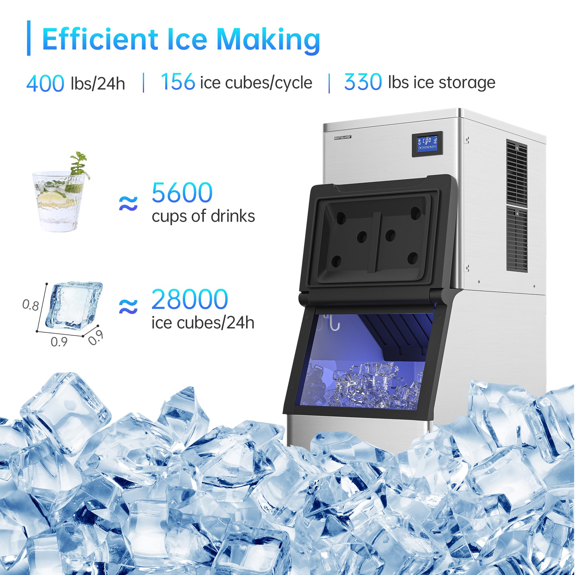 Restisland® Commercial Ice Maker Machine, 400 lbs /24 h, 330 lbs Storage Bin, Stainless Steel, Automatic Cleaning, Blu Ray, Perfect for Bar or Business, Includes Ice Shovel, Connection Hose