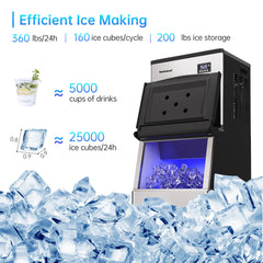 Restisland® Commercial Ice Maker Machine, 360 lbs /24 h, 200 lbs Storage Bin, Stainless Steel, Automatic Cleaning, Blue Light, Perfect for Bar/Home/Office/Business, Includes Ice Scoop, Connection Hose