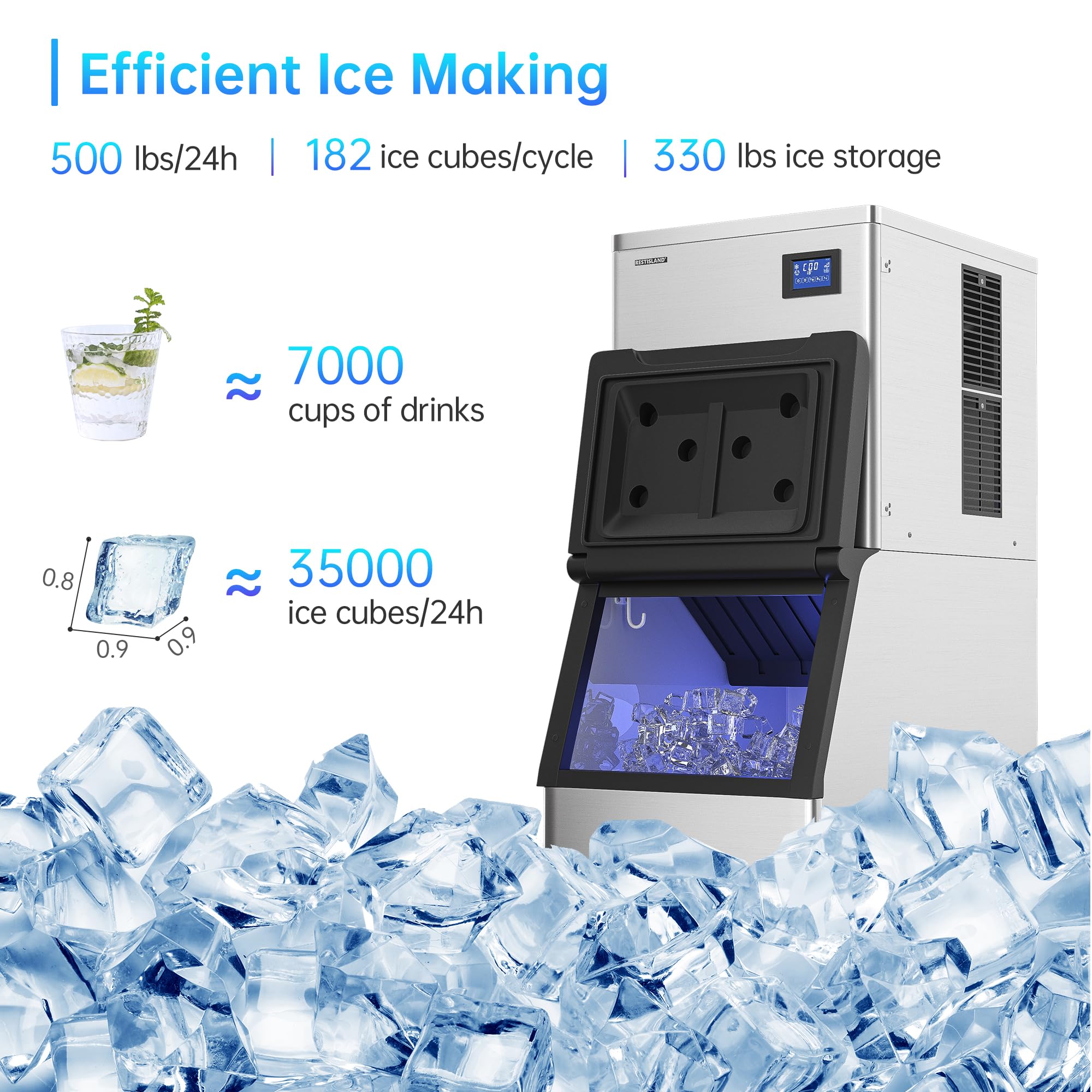 Restisland® Commercial Ice Maker Machine, 500 lbs /24 h, 330 lbs Storage Bin, Stainless Steel, Automatic Cleaning, Blu Ray, Perfect for Bar or Business, Includes Ice Shovel, Connection Hose