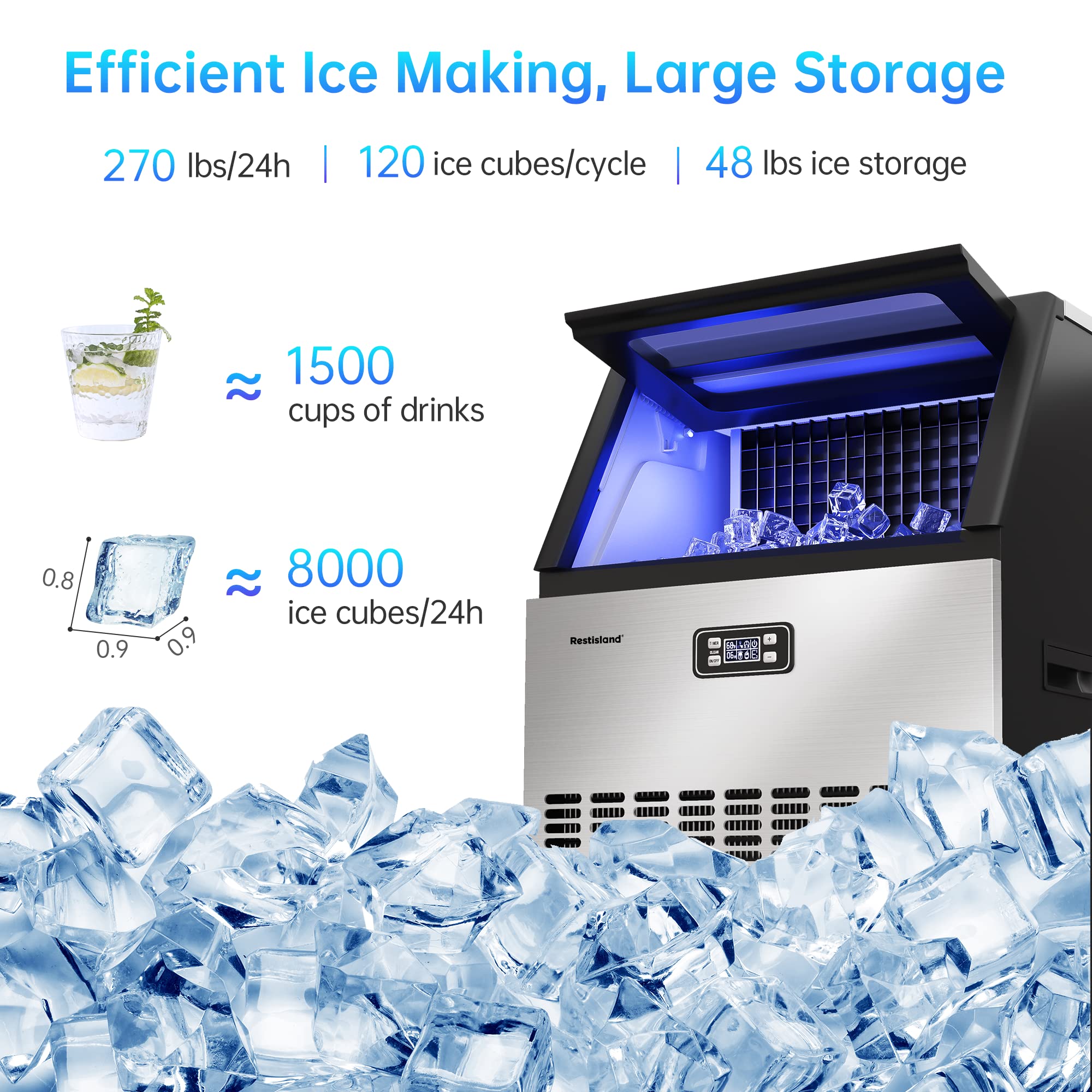 Restisland® Commercial Ice Maker Machine, 270 lbs/24 Hours, 48 lbs Storage Bin, Stainless Steel, Blue Light, Freestanding, Great for Home or Business, Restaurant Ice Machines, Restisland Ice Maker, Includes Ice Scoop, Connecting Hose