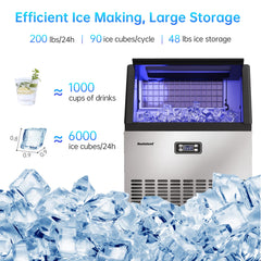 Restisland® Commercial Ice Maker Machine, 200 lbs/24 Hours, 48 lbs Storage Bin, Stainless Steel, Blue Light, Freestanding, Great for Home or Business, Restaurant Ice Machines, Restisland Ice Maker, Includes Ice Scoop, Connecting Hose