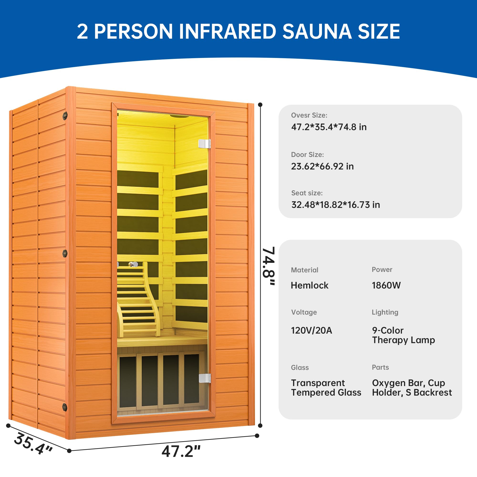 Infrared Sauna Room for Home, Near Zero EMF Wooden 2 Person Indoor Infrared Sauna at Home with Bluetooth, LCD Control Panel, Chromo Therapy Light