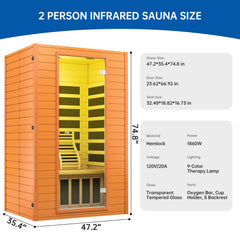 Infrared Sauna Room for Home, Near Zero EMF Wooden 2 Person Indoor Infrared Sauna at Home with Bluetooth, LCD Control Panel, Chromo Therapy Light
