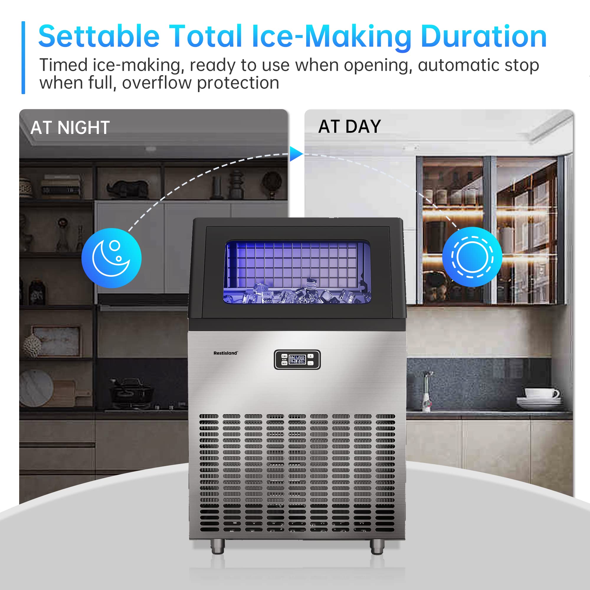 Restisland® Commercial Ice Maker Machine, 200 lbs/24 Hours, 48 lbs Storage Bin, Stainless Steel, Blue Light, Freestanding, Great for Home or Business, Restaurant Ice Machines, Restisland Ice Maker, Includes Ice Scoop, Connecting Hose