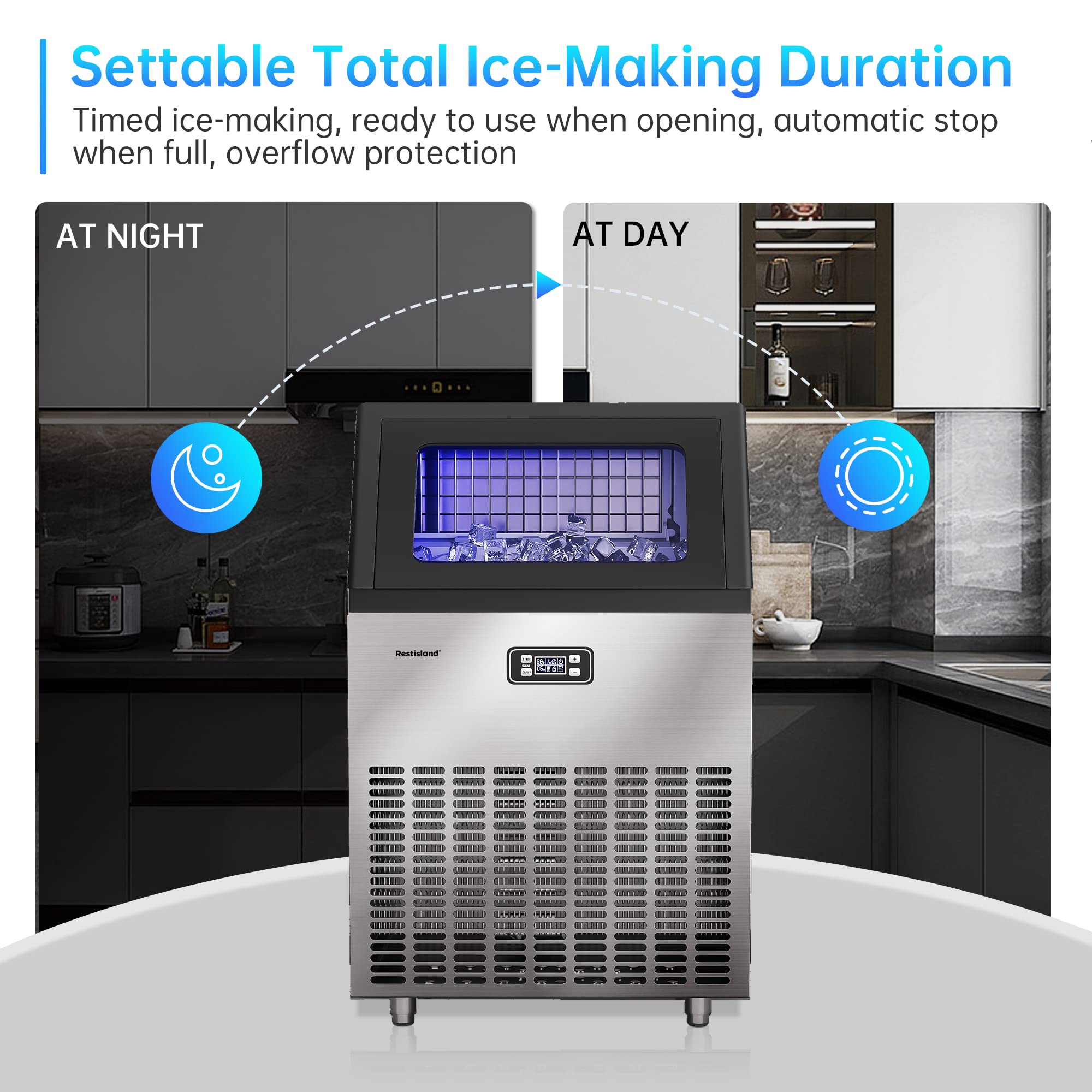 Restisland® Commercial Ice Maker Machine, 270 lbs/24 Hours, 48 lbs Storage Bin, Stainless Steel, Blue Light, Freestanding, Great for Home or Business, Restaurant Ice Machines, Restisland Ice Maker, Includes Ice Scoop, Connecting Hose