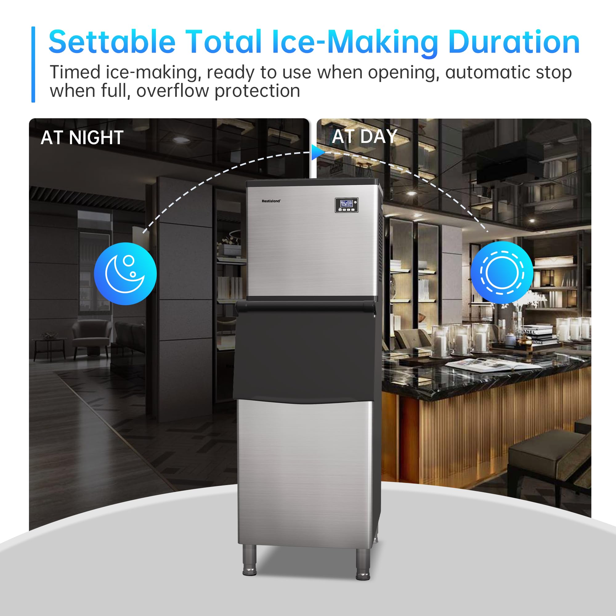 Restisland® Commercial Ice Maker Machine, 360 lbs /24 h, 200 lbs Storage Bin, Stainless Steel, Automatic Cleaning, Blue Light, Perfect for Bar/Home/Office/Business, Includes Ice Scoop, Connection Hose