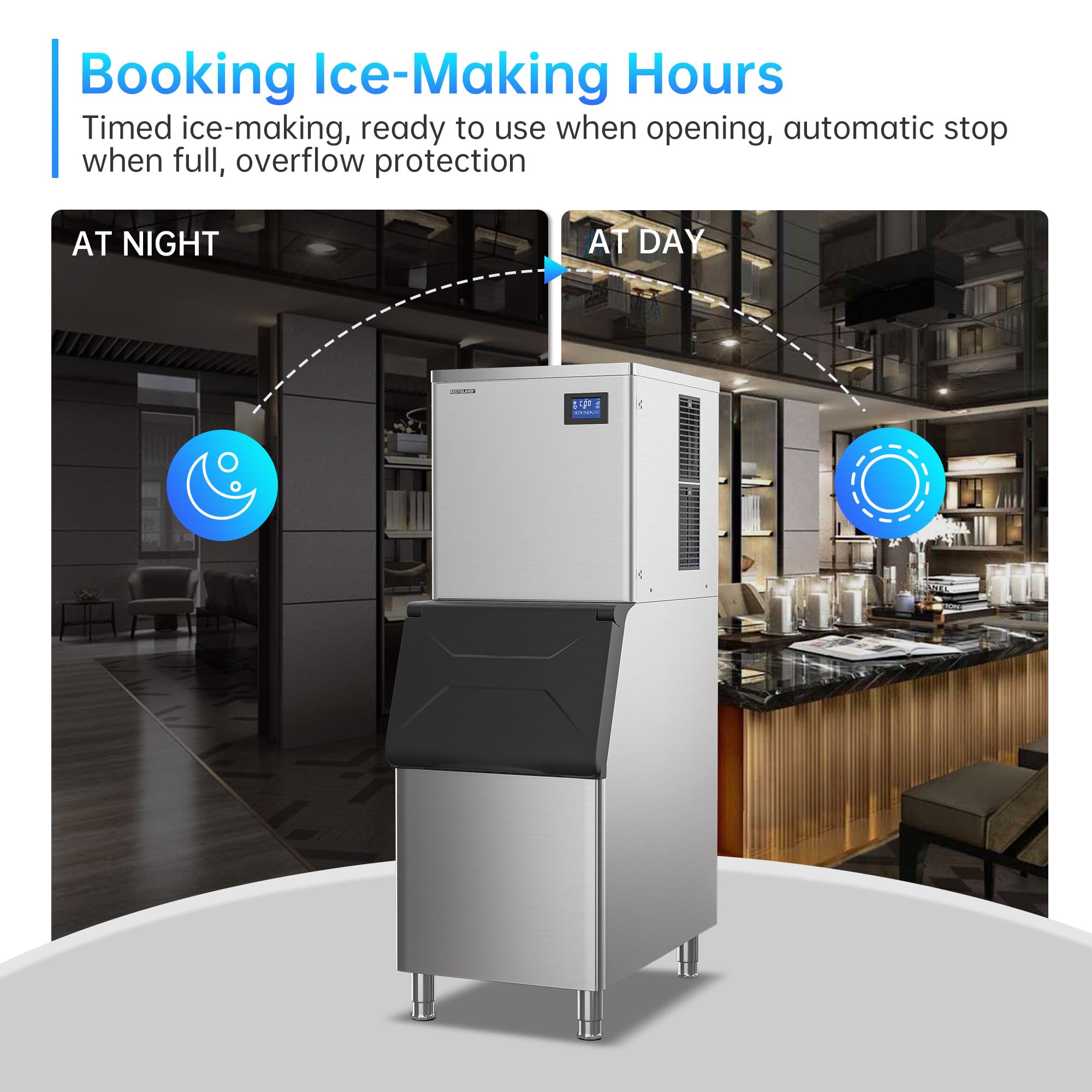 Restisland® Commercial Ice Maker Machine, 500 lbs /24 h, 330 lbs Storage Bin, Stainless Steel, Automatic Cleaning, Blu Ray, Perfect for Bar or Business, Includes Ice Shovel, Connection Hose