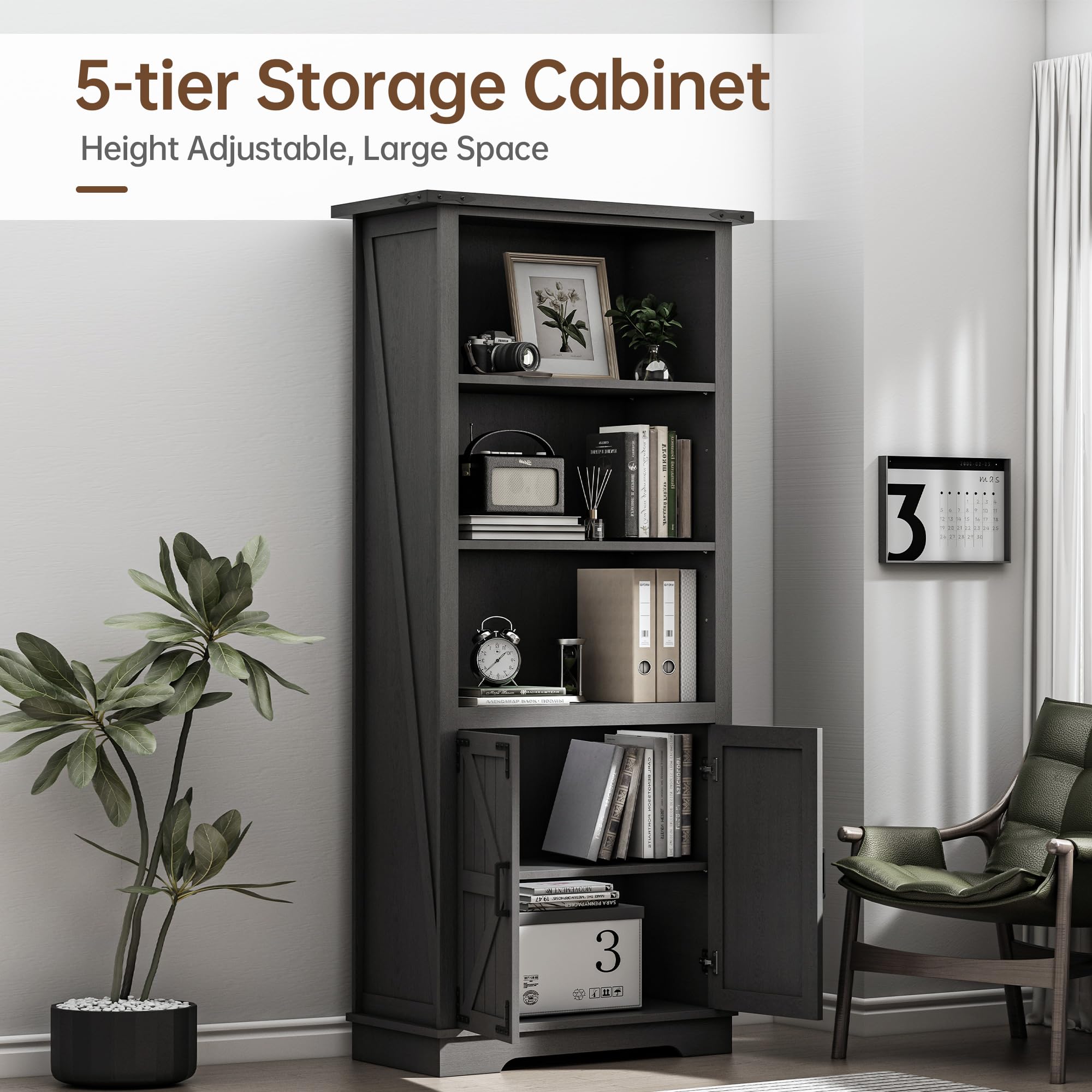 Bookcase Storage Cabinet, Floor Standing Storage Cabinet with Doors and Adjustable Shelves for Study, Living Room, Bedroom, Kitchen, 5 Shelf Bookshelf