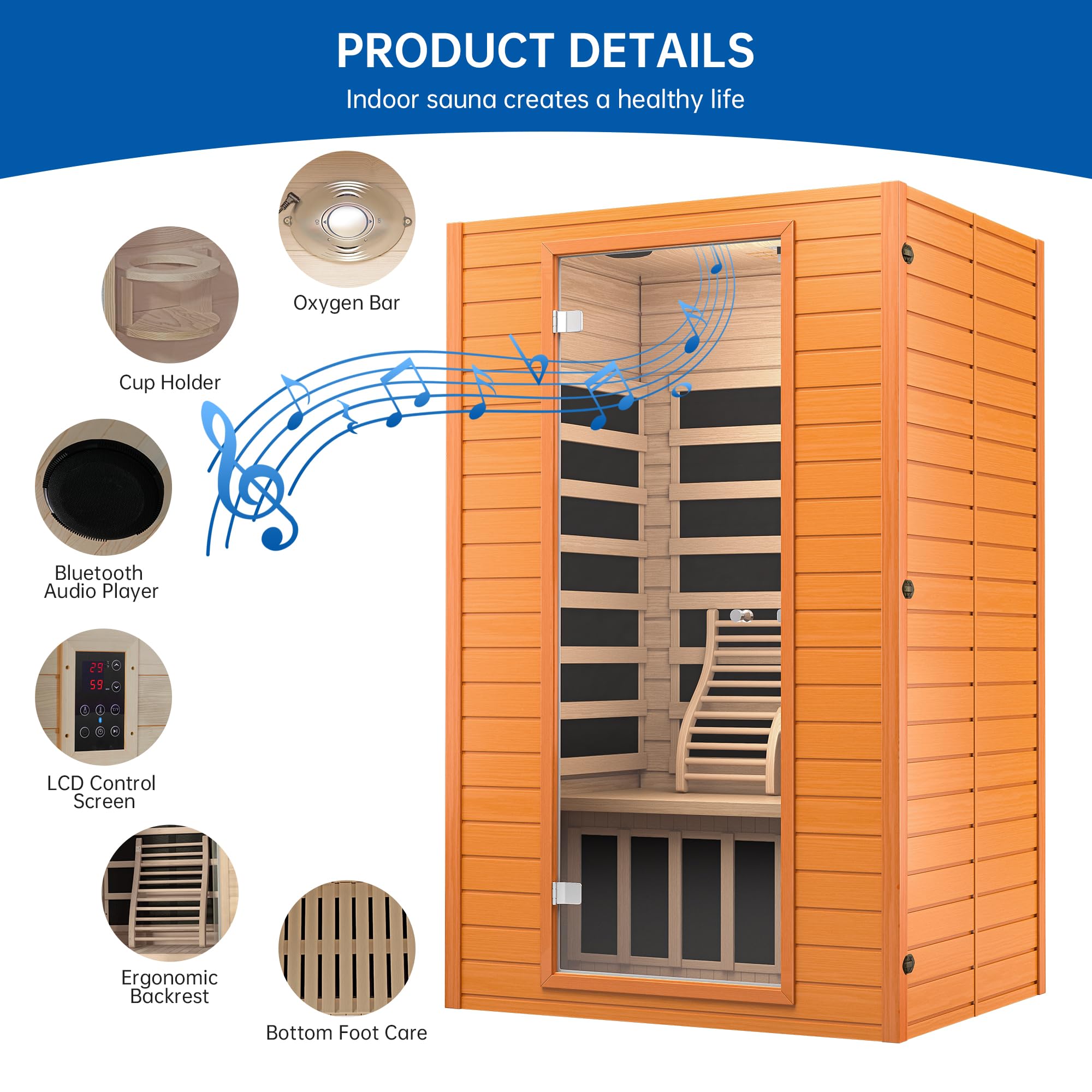Infrared Sauna Room for Home, Near Zero EMF Wooden 2 Person Indoor Infrared Sauna at Home with Bluetooth, LCD Control Panel, Chromo Therapy Light