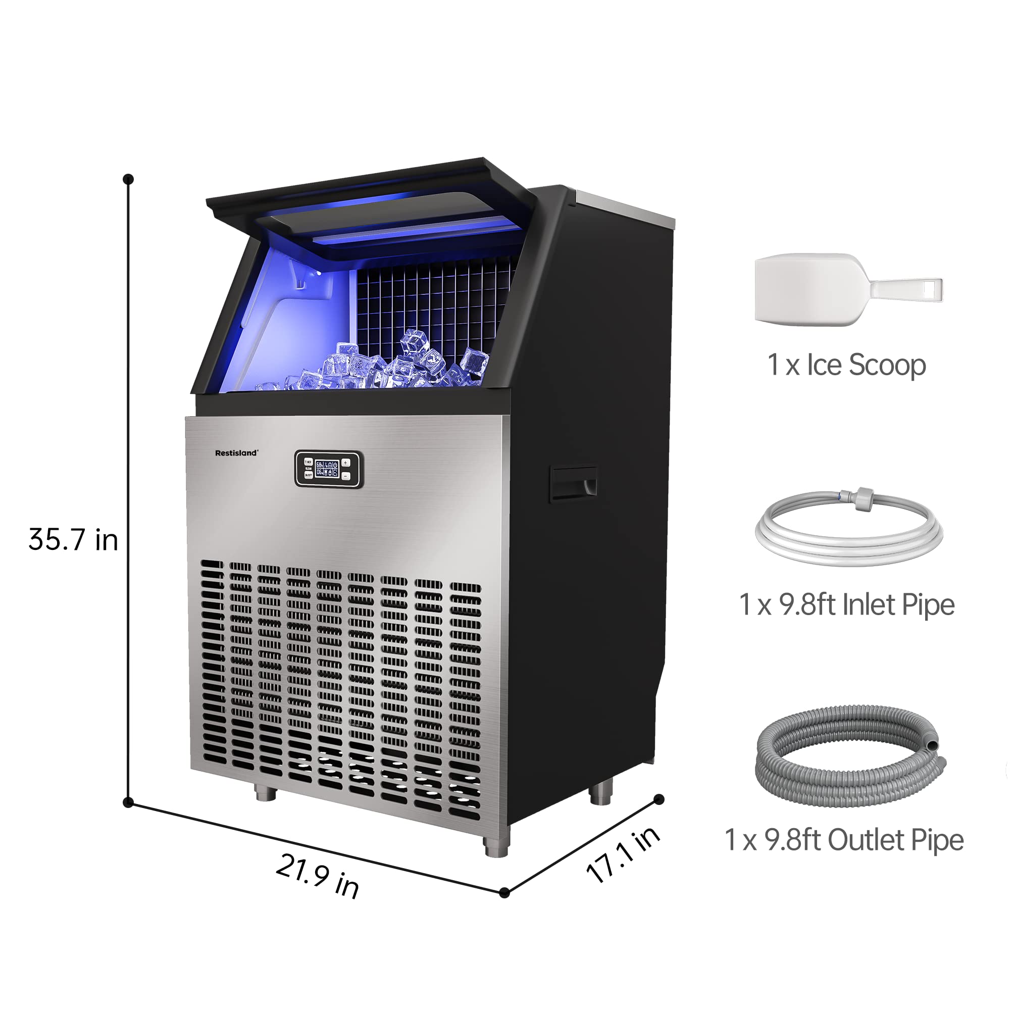 Restisland® Commercial Ice Maker Machine, 270 lbs/24 Hours, 48 lbs Storage Bin, Stainless Steel, Blue Light, Freestanding, Great for Home or Business, Restaurant Ice Machines, Restisland Ice Maker, Includes Ice Scoop, Connecting Hose