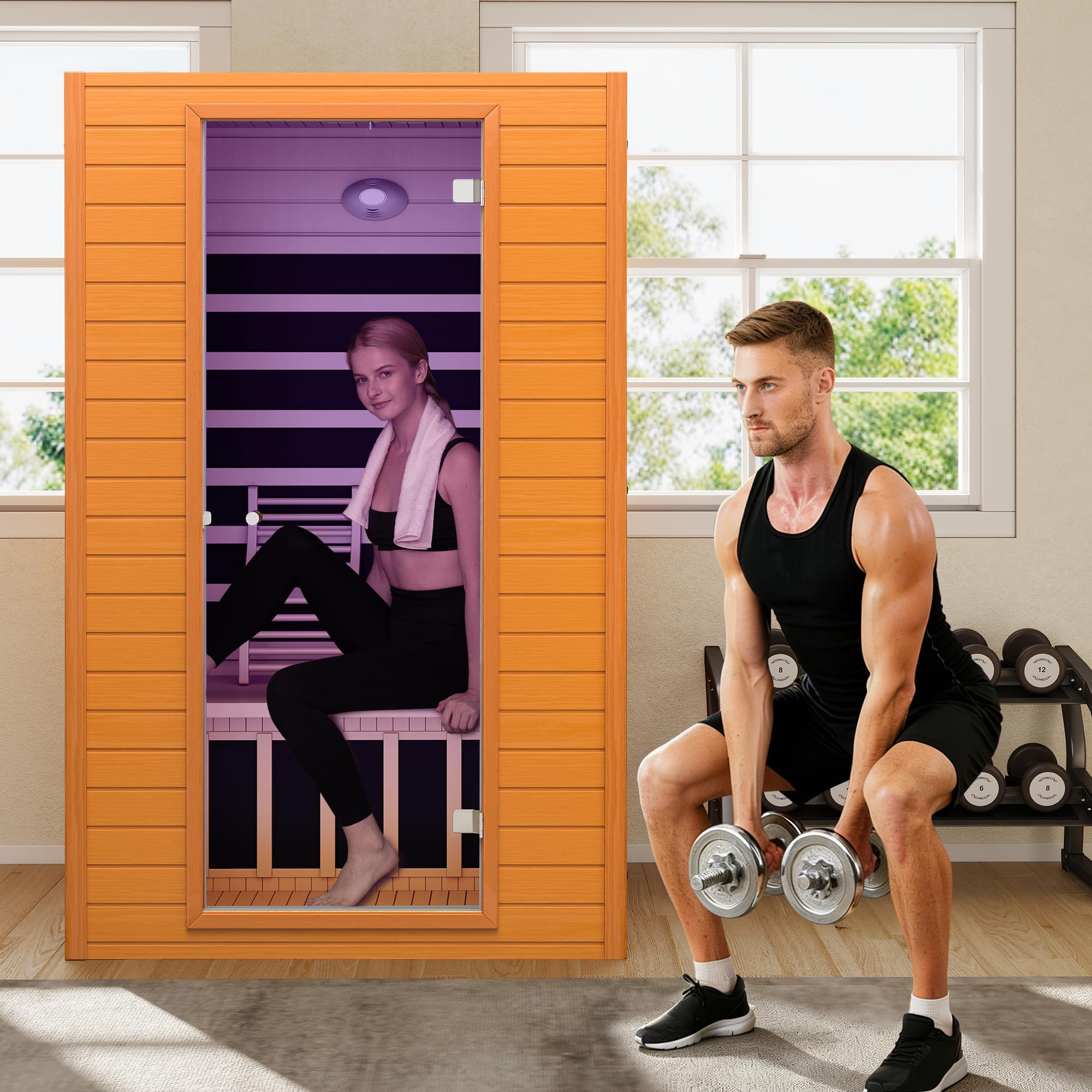 Infrared Sauna Room for Home, Near Zero EMF Wooden 2 Person Indoor Infrared Sauna at Home with Bluetooth, LCD Control Panel, Chromo Therapy Light