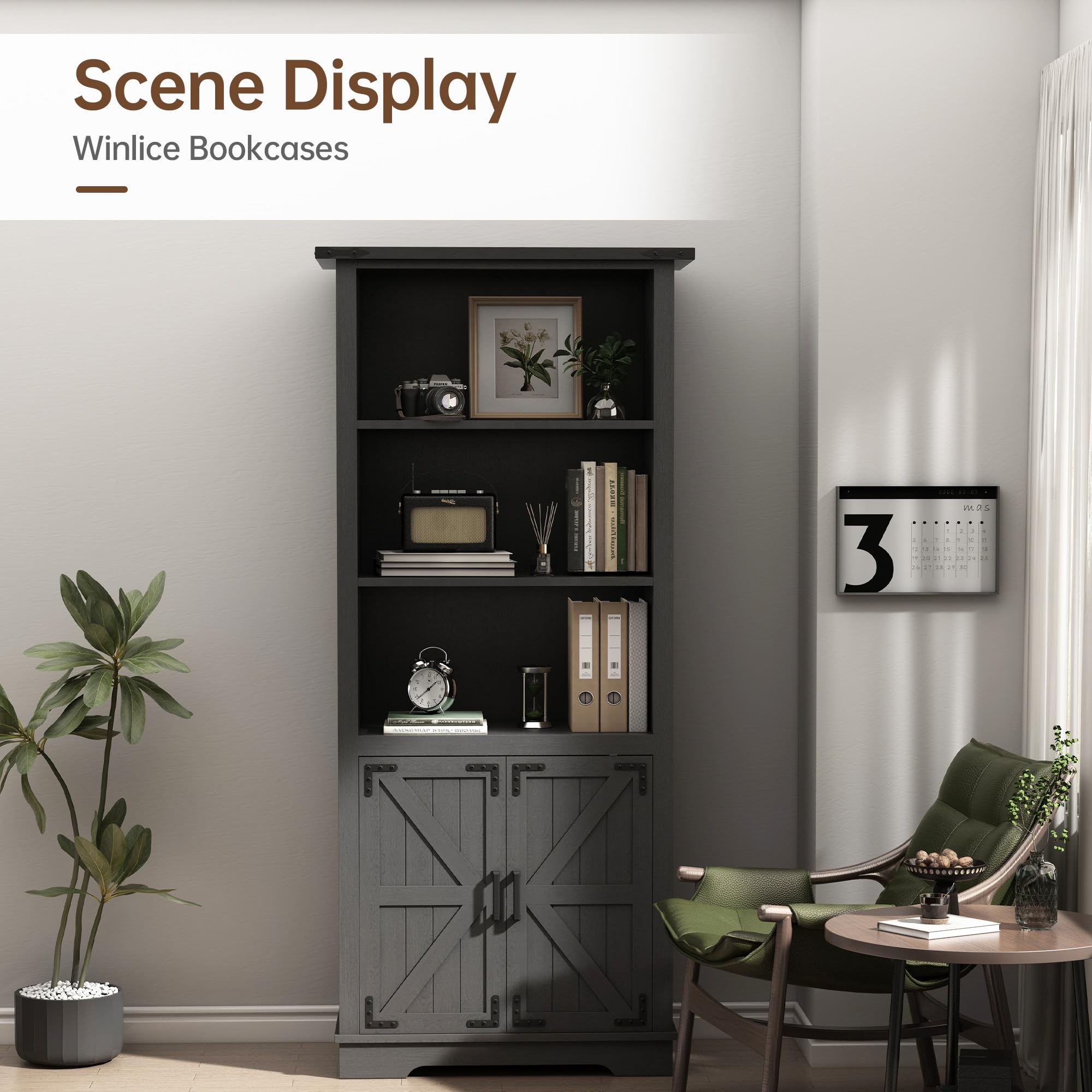 Bookcase Storage Cabinet, Floor Standing Storage Cabinet with Doors and Adjustable Shelves for Study, Living Room, Bedroom, Kitchen, 5 Shelf Bookshelf