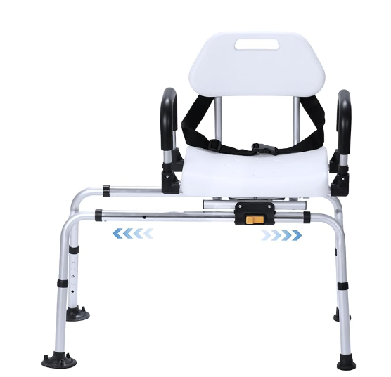RESTISLAND Transfer Bench, Sliding Shower Chair with Pivoting Arms, Safty Belt, Drainage Holes, Non-Slip Foot Mats, for Elderly and Disabled, Tub, Shower, Bathroom